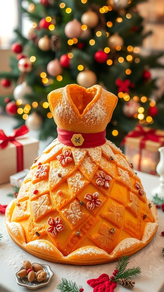 Classic Christmas Dress Recipe A golden brown Christmas dress with powdered sugar, surrounded by dried fruits and nuts on a festive table.